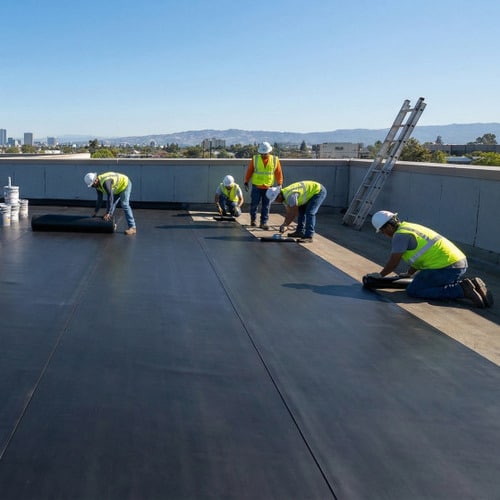 Contractors work on EPDM roofing.