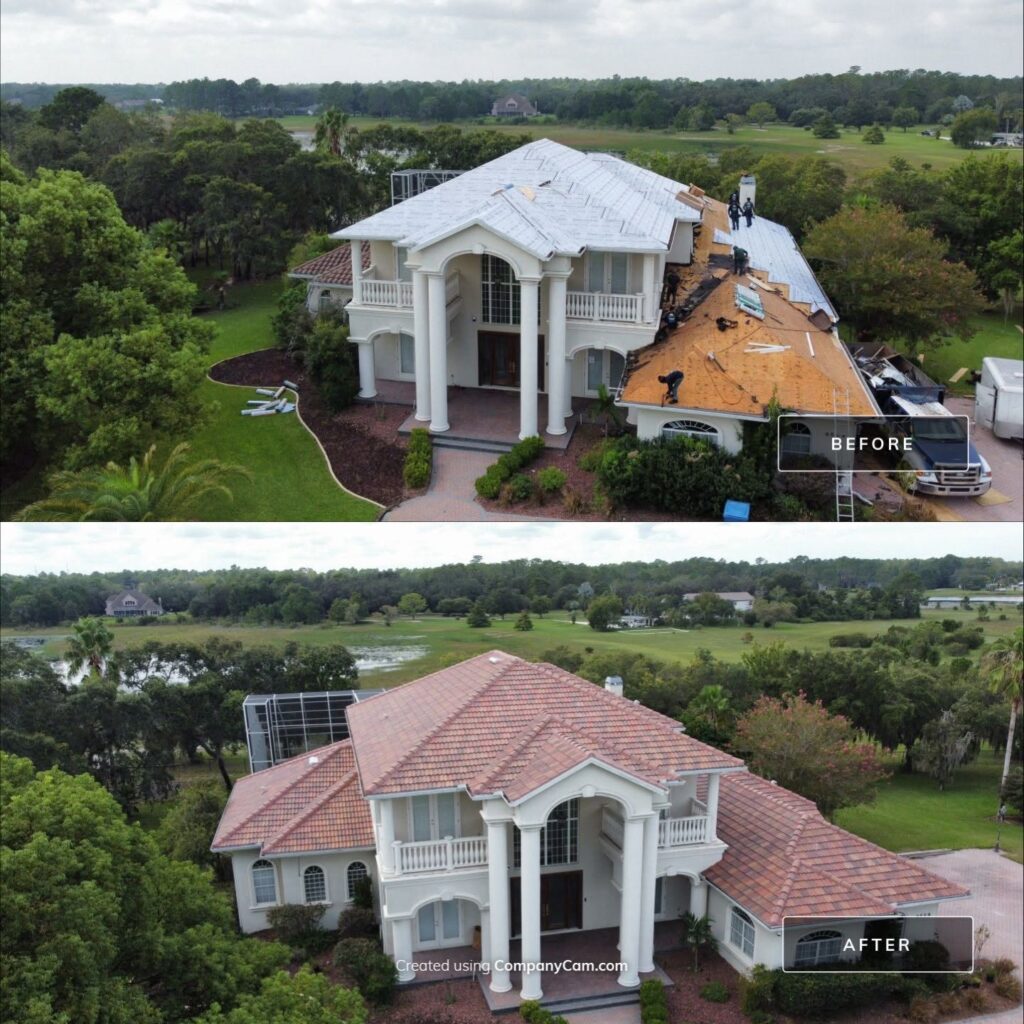 Before and after of a roofing project